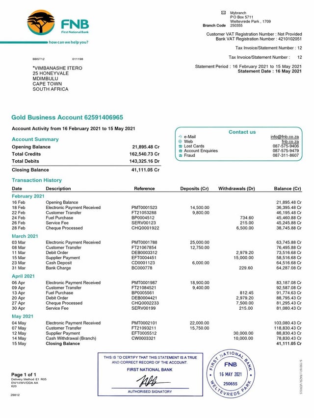 Proof of bank statement